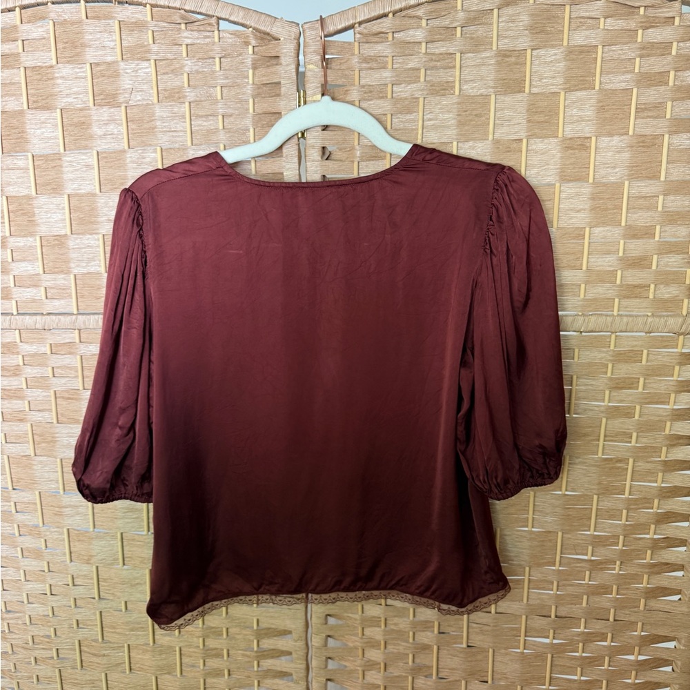 ARITZIA Wilfred Red Puff Sleeve Pearl Button Blouse - Picture 3 of 3